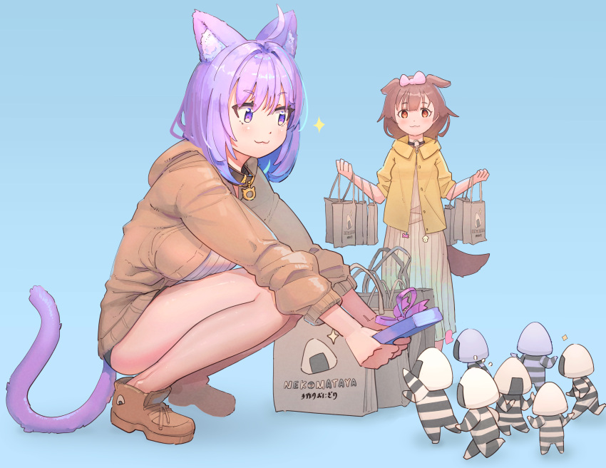 2girls :3 absurdres ahoge animal_collar animal_ear_fluff animal_ears bag bare_legs breast_press breasts brown_eyes brown_footwear brown_hair brown_hoodie cat_ears cat_girl cat_tail closed_mouth collar cucumbear073 dog_ears dog_girl dog_tail food highres hololive hood hoodie inugami_korone long_skirt long_sleeves medium_breasts medium_hair multiple_girls nekomata_okayu onigiri onigirya_(nekomata_okayu) purple_hair shopping shopping_bag simple_background skirt smile squatting tail violet_eyes virtual_youtuber