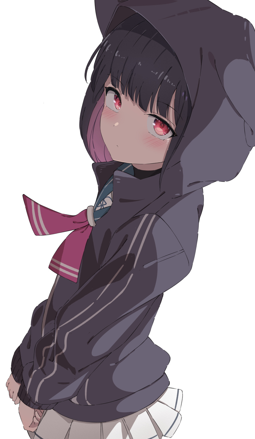 1girl absurdres bangs black_choker black_hair black_hoodie blue_archive blue_sailor_collar blunt_bangs blush choker closed_mouth colored_inner_hair commentary dutch_angle highres hood hood_up hooded_jacket hoodie jacket kazusa_(blue_archive) looking_at_viewer looking_up multicolored_hair neckerchief pink_hair pink_neckerchief pleated_skirt red_eyes runep sailor_collar shirt simple_background skirt solo standing two-tone_hair upper_body white_background white_shirt