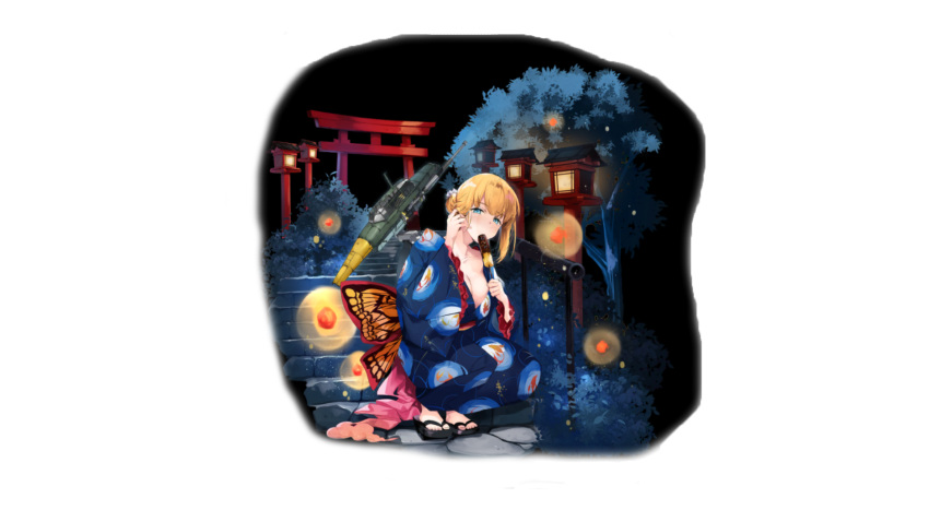blue_kimono blush breasts highres japanese_clothes ju_87_demon_king_of_the_festival_flower_(ash_arms) kimono large_breasts night night_sky non-web_source open_clothes short_hair sky torii