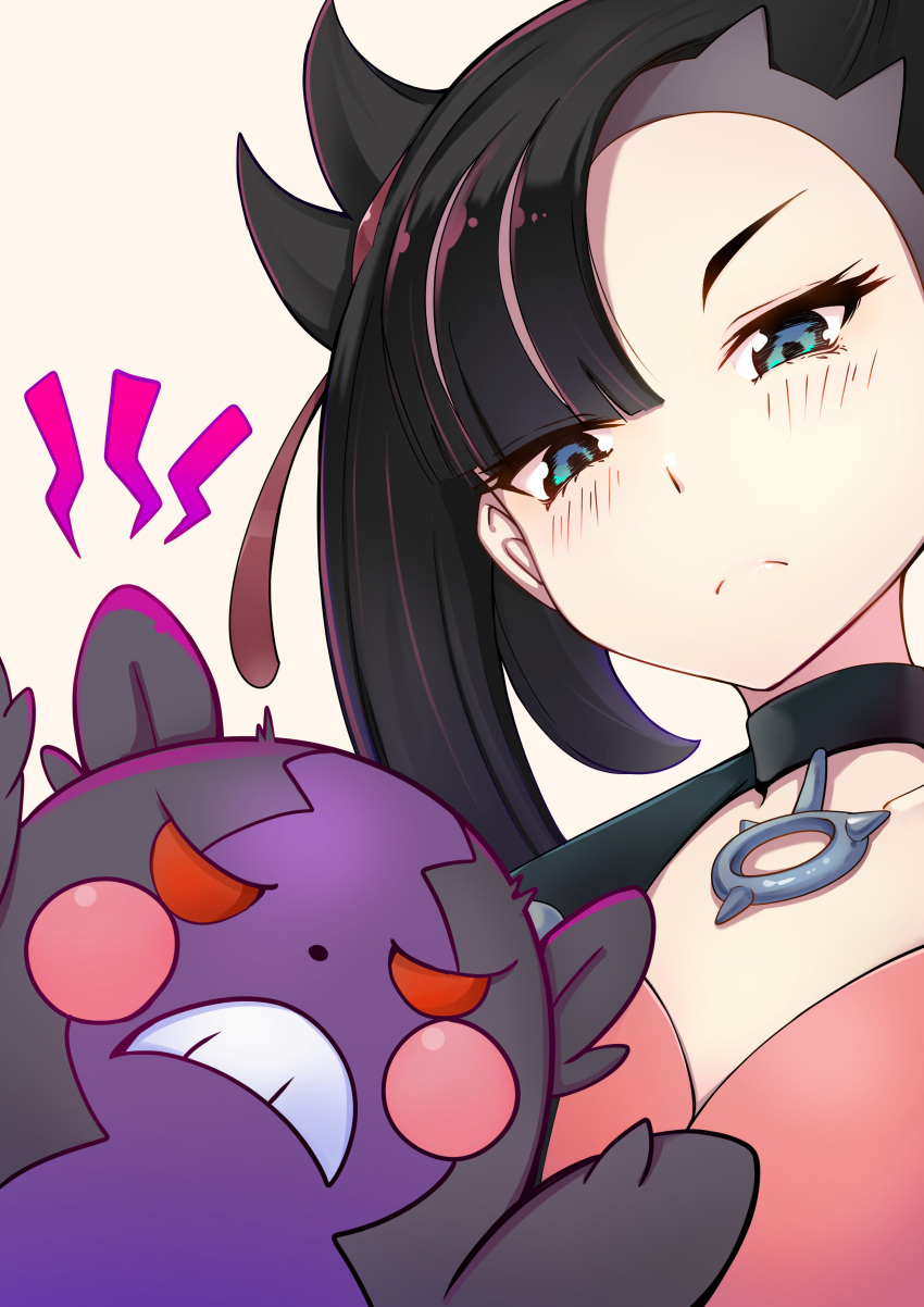 1girl absurdres asymmetrical_bangs bangs black_collar black_hair blue_eyes collar collarbone flat_chest frown fukidashi_cotton hair_ribbon highres marnie_(pokemon) morpeko morpeko_(hangry) pokemon pokemon_(creature) pokemon_(game) pokemon_swsh ribbon undercut