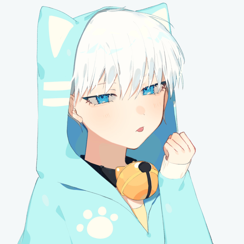 1boy animal_ears bangs bell black_collar blue_eyes blue_hoodie clenched_hand closed_mouth collar commentary_request fake_animal_ears grey_background hand_up highres hood hood_up hoodie jingle_bell looking_at_viewer male_focus neck_bell original paw_print print_hoodie shirt short_hair simple_background sleeves_past_wrists solo tongue tongue_out upper_body white_hair yellow_shirt zumi_(neronero126)