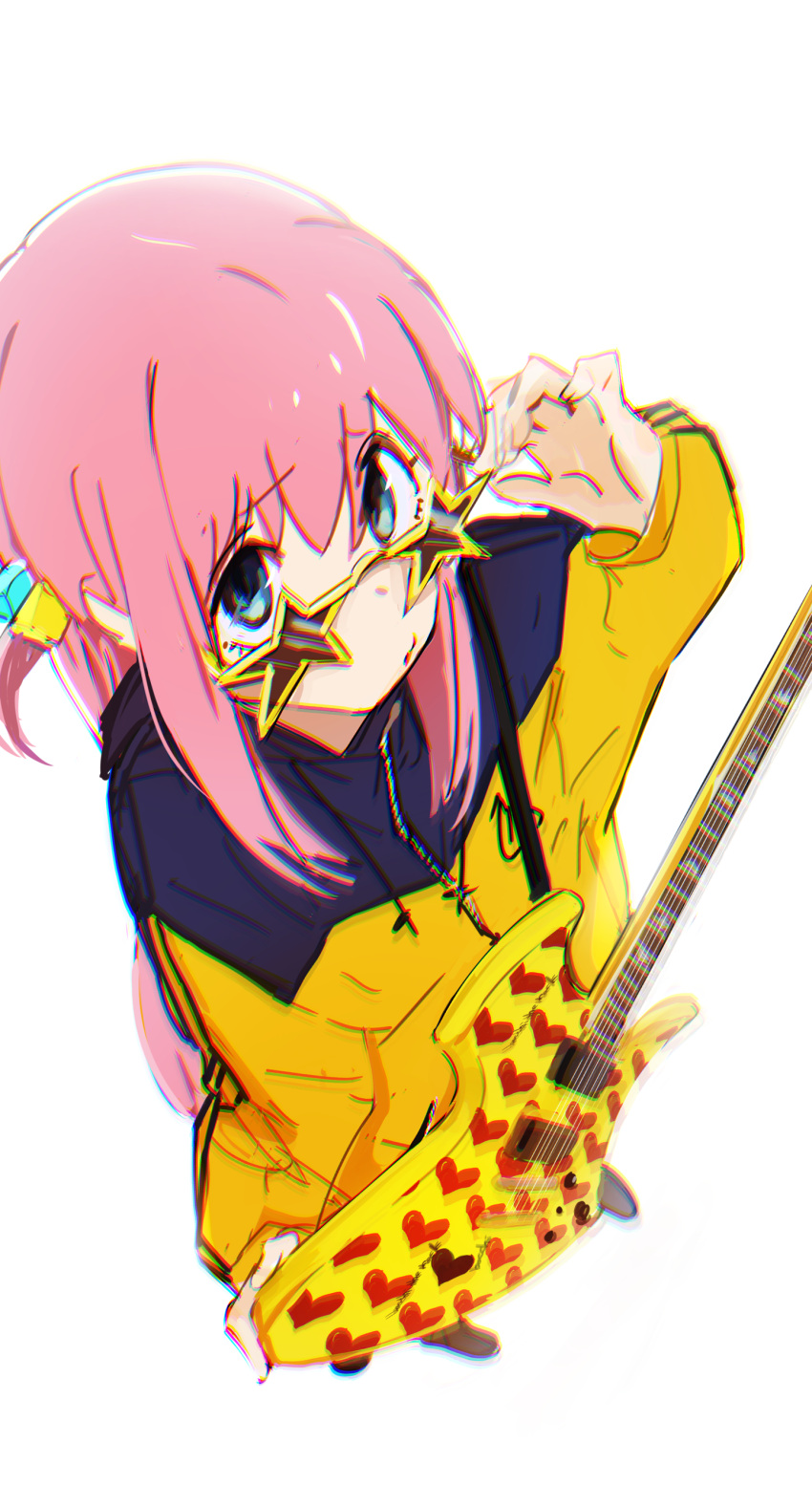 1girl absurdres bangs blue_eyes bocchi_the_rock! chromatic_aberration closed_mouth cube_hair_ornament electric_guitar gotou_hitori guitar hair_between_eyes hair_ornament hair_over_eyes higemu highres holding holding_instrument instrument jacket long_hair long_sleeves looking_at_viewer one_side_up pink_hair solo star-shaped_eyewear track_jacket