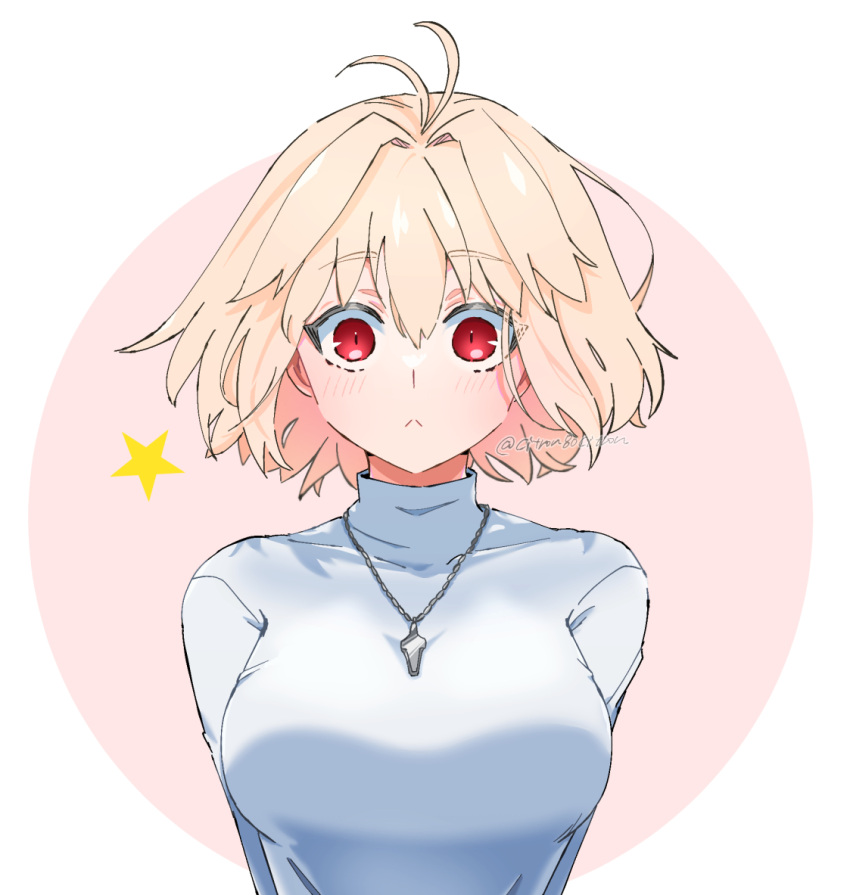 1girl :&lt; antenna_hair arcueid_brunestud blonde_hair breasts citron80citron closed_mouth jewelry large_breasts looking_at_viewer pendant red_eyes short_hair simple_background star_(symbol) straight-on tsukihime upper_body white_background