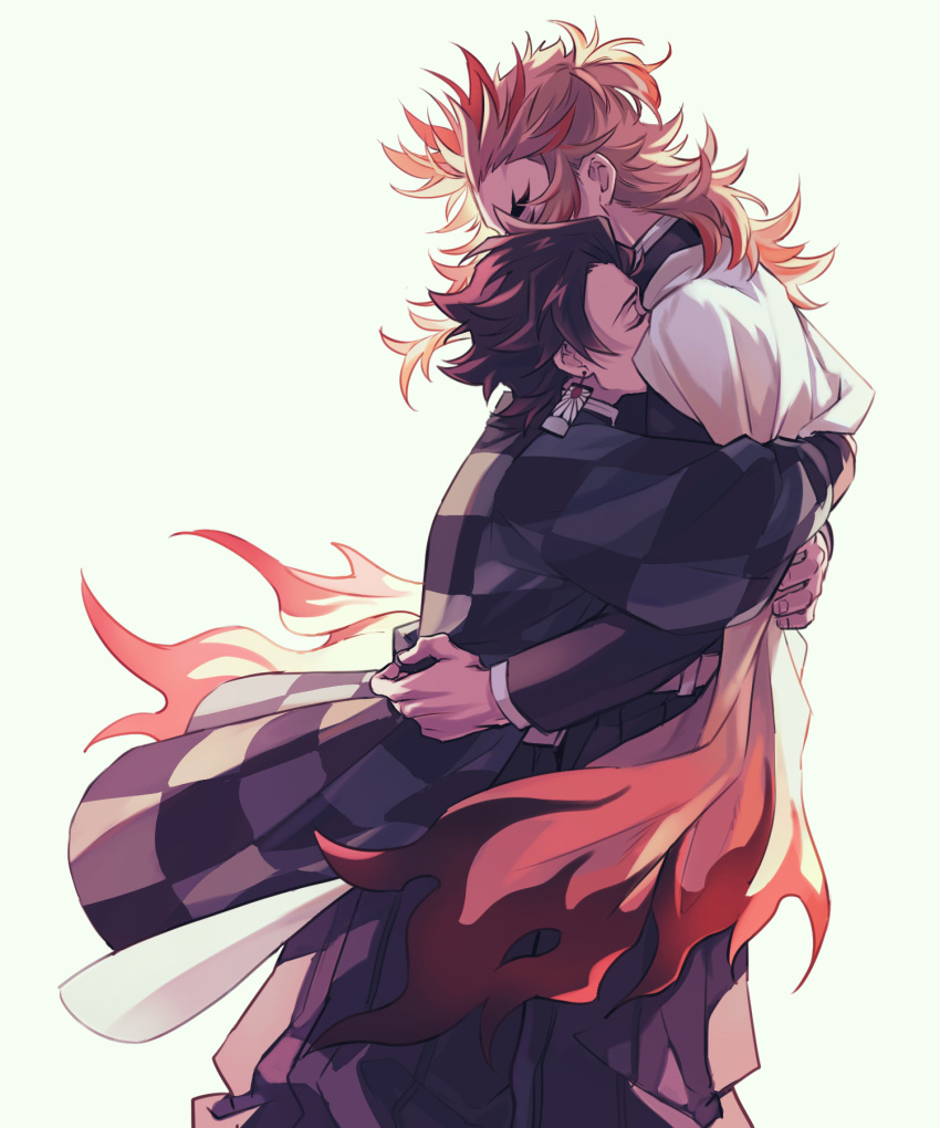 2boys belt black_pants blonde_hair brown_hair cape checkered_clothes colored_tips covered_mouth cow demon_slayer_uniform earrings flame_print forked_eyebrows from_side haori highres himishiro japanese_clothes jewelry kamado_tanjirou kimetsu_no_yaiba long_hair long_sleeves male_focus multicolored_hair multiple_boys pants pleated_pants profile redhead rengoku_kyoujurou short_hair simple_background standing streaked_hair white_background white_cape