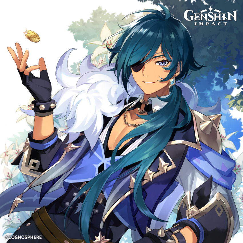 1boy absurdres bangs black_gloves blue_eyes blue_hair coin dark-skinned_male dark_skin earrings english_commentary eyepatch fingerless_gloves flower genshin_impact gloves gomosawa hair_between_eyes highres jacket jewelry kaeya_(genshin_impact) logo long_hair looking_at_viewer male_focus mora_(genshin_impact) official_art pants single_earring solo sparkle upper_body white_flower