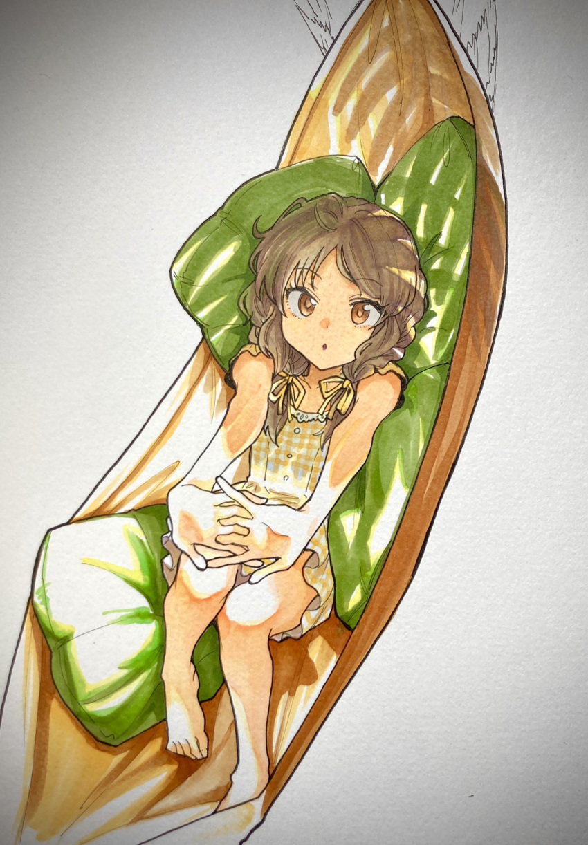 1girl :o barefoot black_hair brown_eyes dress from_above full_body hair_ribbon hammock highres idolmaster idolmaster_cinderella_girls interlocked_fingers kyouno long_hair looking_at_viewer low-tied_long_hair lying marker_(medium) on_back own_hands_together photo_(medium) pillow ribbon short_sleeves solo tachibana_arisu traditional_media twintails two-tone_dress yellow_dress yellow_ribbon