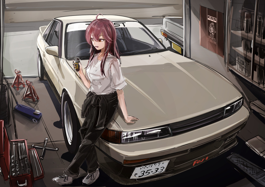 1girl 3books absurdres bangs black_pants bottle breasts brown_eyes can car cowlick garage grey_shirt ground_vehicle hair_between_eyes highres holding holding_can indoors long_hair medium_breasts motor_vehicle nissan_s13_silvia open_mouth original pants pickup_truck poster_(object) redhead shirt shoes sketch smile sneakers solo toolbox truck vehicle_focus white_footwear
