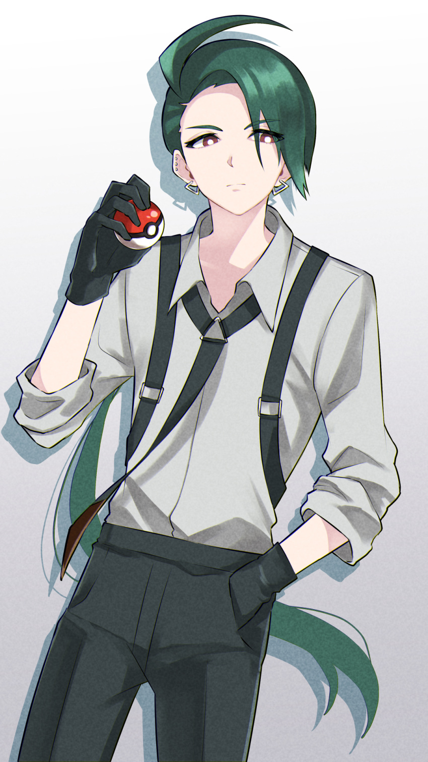 1girl bangs black_gloves black_necktie black_pants bright_pupils brown_eyes closed_mouth collared_shirt commentary_request cowboy_shot earrings gloves green_hair grey_shirt hand_up highres holding holding_poke_ball jewelry long_hair necktie pants poke_ball poke_ball_(basic) pokemon pokemon_(game) pokemon_sv ponytail rika_(pokemon) shirt solo suspenders togura_shisui white_pupils