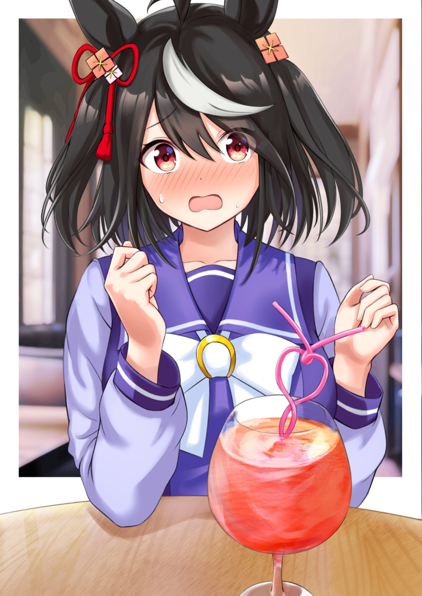 1girl ahoge animal_ears black_hair blush bow bowtie crazy_straw cup drinking_straw flower_ornament hair_ornament heart_straw herohero_(higashi_no_dou) highres horse_ears horse_girl horseshoe_ornament kitasan_black_(umamusume) looking_at_viewer medium_hair multicolored_hair purple_serafuku red_eyes red_ribbon ribbon school_uniform serafuku solo streaked_hair tracen_school_uniform two-tone_hair umamusume upper_body white_bow white_bowtie