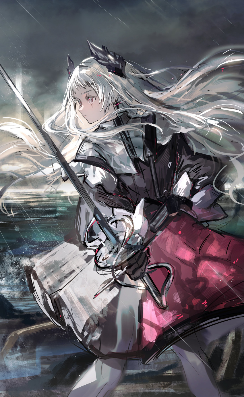1girl absurdres arknights black_dress black_gloves dress earrings feet_out_of_frame gloves grey_eyes grey_hair grey_sky head_wings highres holding holding_sword holding_weapon irene_(arknights) jewelry long_sleeves multicolored_clothes multicolored_dress nanaponi outdoors overcast pantyhose pink_dress rain rapier scar scar_across_eye sketch solo standing sword weapon white_dress white_pantyhose