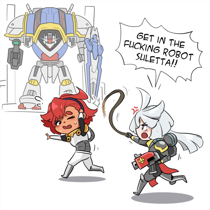 2girls adepta_sororitas anger_vein bangs black_hairband bolter chibi english_commentary english_text full_body gun gundam gundam_suisei_no_majo hairband highres holding holding_gun holding_weapon holding_whip imperial_knight long_hair looking_at_another looking_back mick19988 miorine_rembran multiple_girls parody redhead shadow speech_bubble suletta_mercury sweatdrop titan_(warhammer_40k) warhammer_40k weapon whip