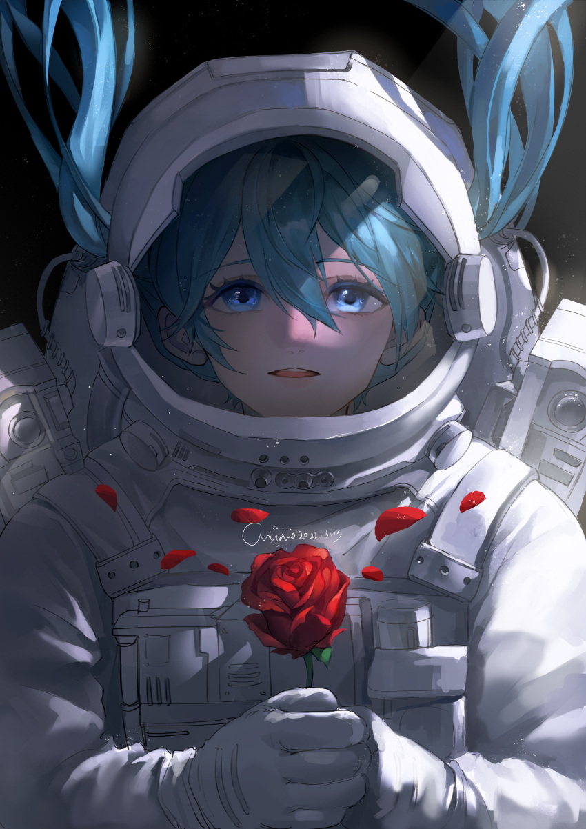 1girl absurdres astronaut bangs blue_eyes blue_hair cmiao falling_petals floating_hair flower hair_between_eyes hair_through_headwear hatsune_miku highres holding holding_flower long_hair looking_up open_mouth own_hands_together petals portrait red_flower red_rose rose sky smile solo space space_helmet spacesuit star_(sky) starry_sky straight-on twintails vocaloid