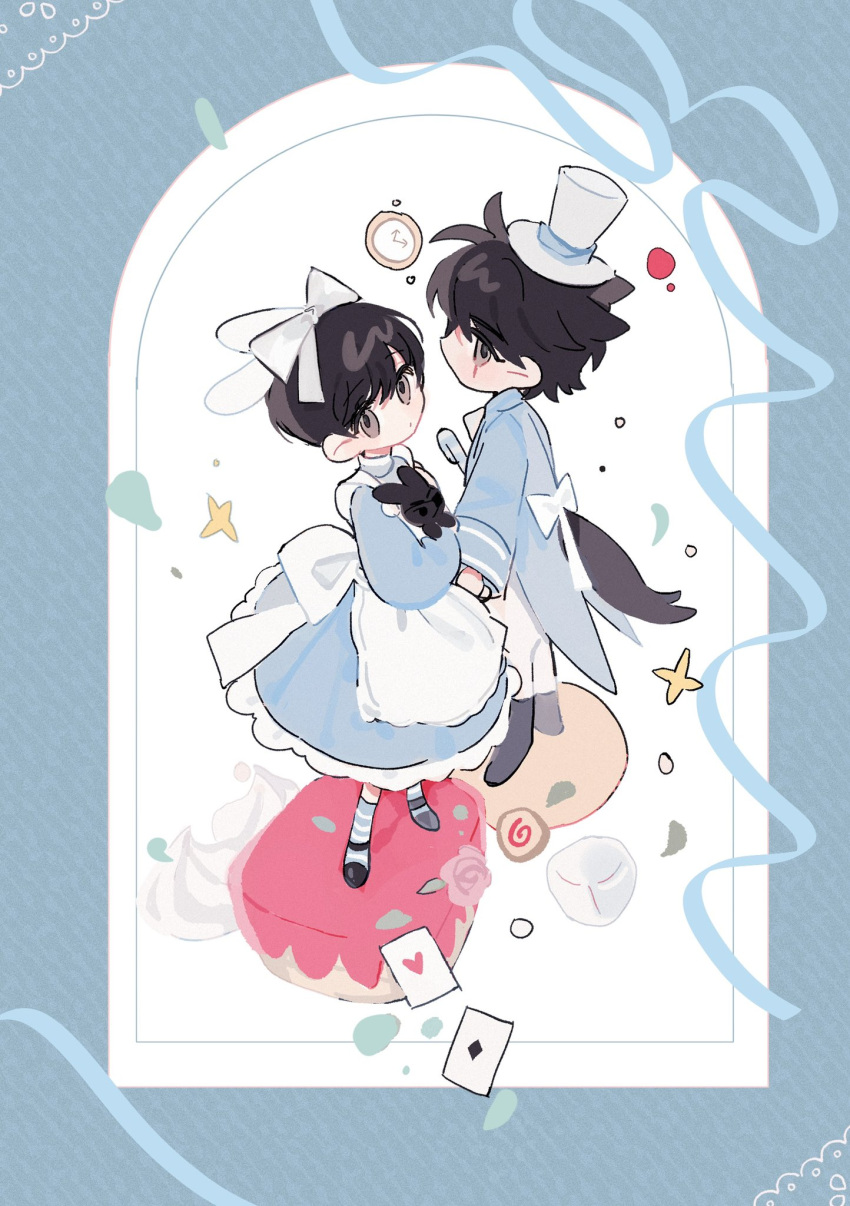 2boys alternate_costume animal animal_ears bangs black_footwear black_hair blue_border blue_dress blue_jacket blue_socks border bow brown_eyes card clock coattails commentary crossdressing dress food full_body hair_bow hat highres holding holding_animal holding_hands jacket kim_dokja long_sleeves looking_at_viewer male_focus multiple_boys omniscient_reader's_viewpoint pants rabbit rabbit_ears short_hair socks standing standing_on_object striped striped_socks symbol-only_commentary tail top_hat white_background white_bow white_headwear white_pants wolf_boy wolf_ears wolf_tail ya_qaq yoo_joonghyuk