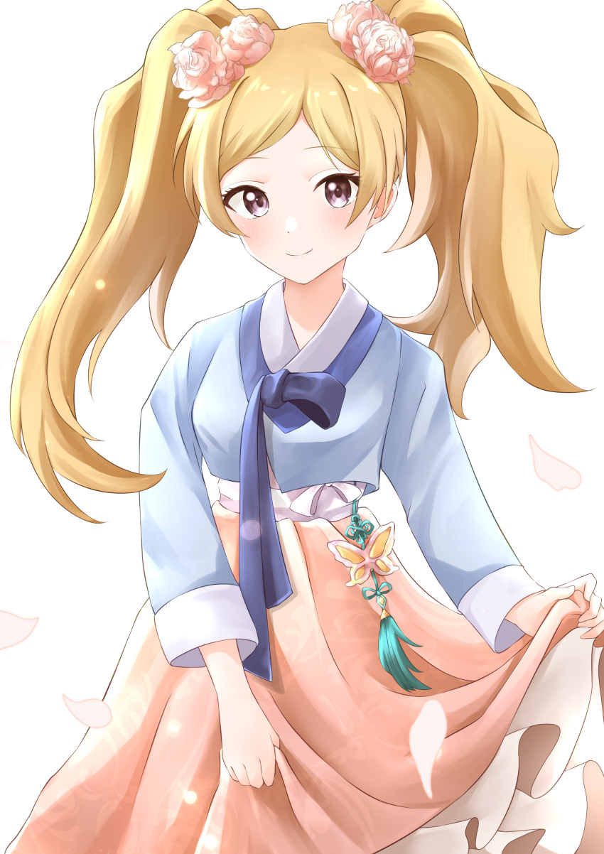 1girl absurdres b1ack_illust blonde_hair blue_shirt emily_stewart falling_petals flower hair_flower hair_ornament hanbok highres idolmaster idolmaster_million_live! korean_clothes looking_at_viewer petals pink_skirt shirt simple_background skirt skirt_hold smile solo twintails violet_eyes white_background