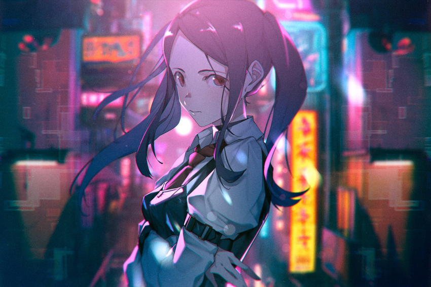 1girl bartender billboard black_vest city_lights cityscape collared_shirt crossed_arms cyberpunk highres jill_stingray long_sleeves looking_at_viewer necktie purple_hair red_eyes red_necktie shiomi_(lowrise) shirt solo twintails va-11_hall-a vest