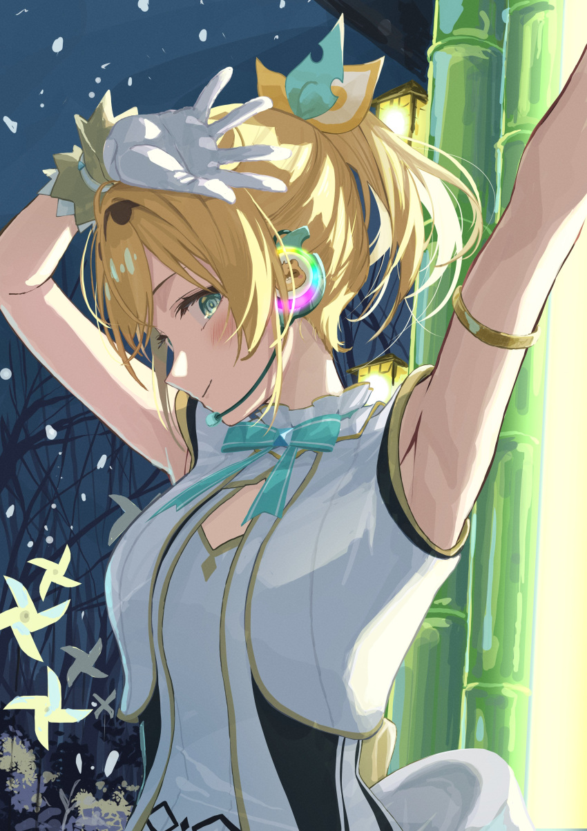 1girl absurdres anno_masato armlet armpits arms_up bamboo bangs blonde_hair blush from_side gloves green_eyes hand_on_own_head headset highres hololive hololive_idol_uniform idol idol_clothes kazama_iroha looking_at_viewer neck_ribbon ponytail ribbon shirt short_hair smile solo upper_body virtual_youtuber white_gloves white_shirt