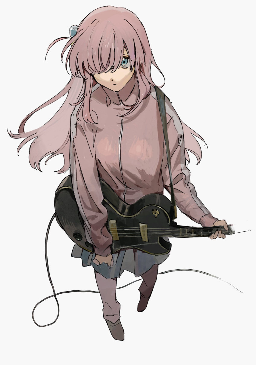 1girl bangs blue_eyes bocchi_the_rock! closed_mouth cube_hair_ornament electric_guitar full_body gibson_les_paul gotou_hitori grey_skirt guitar hair_between_eyes hair_ornament hair_over_eyes highres holding holding_instrument instrument jacket kgeroua long_hair one_eye_covered one_side_up pants pants_under_skirt pink_hair pink_jacket pink_pants pleated_skirt simple_background skirt solo track_jacket track_pants white_background