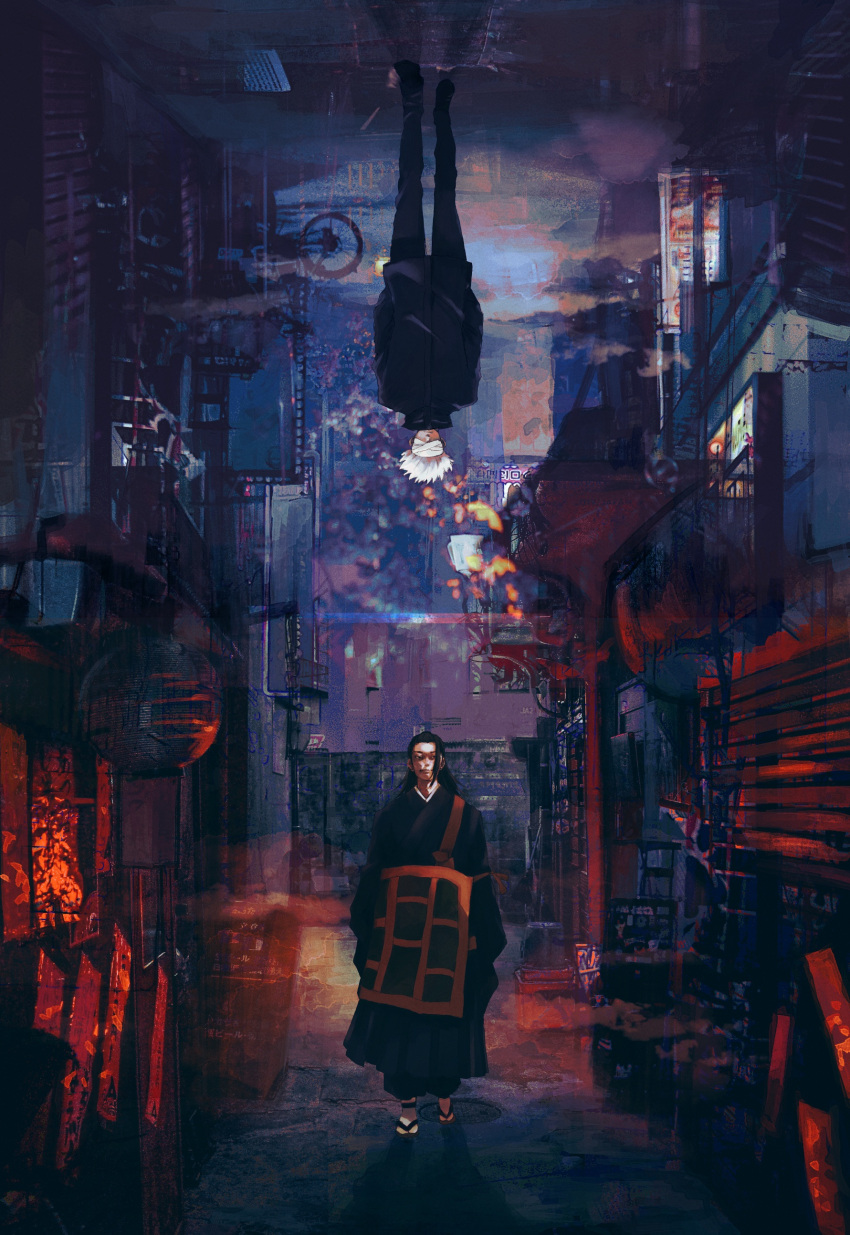 2boys absurdres alley bandages bandages_over_eyes bicycle black_hair black_jacket black_robe city_lights cityscape dark_background facing_viewer geta getou_suguru gojou_satoru ground_vehicle highres jacket jujutsu_kaisen jujutsu_tech_uniform key2_0209 long_hair looking_at_viewer multiple_boys polar_opposites robe short_hair single_sidelock spiky_hair upside-down white_hair