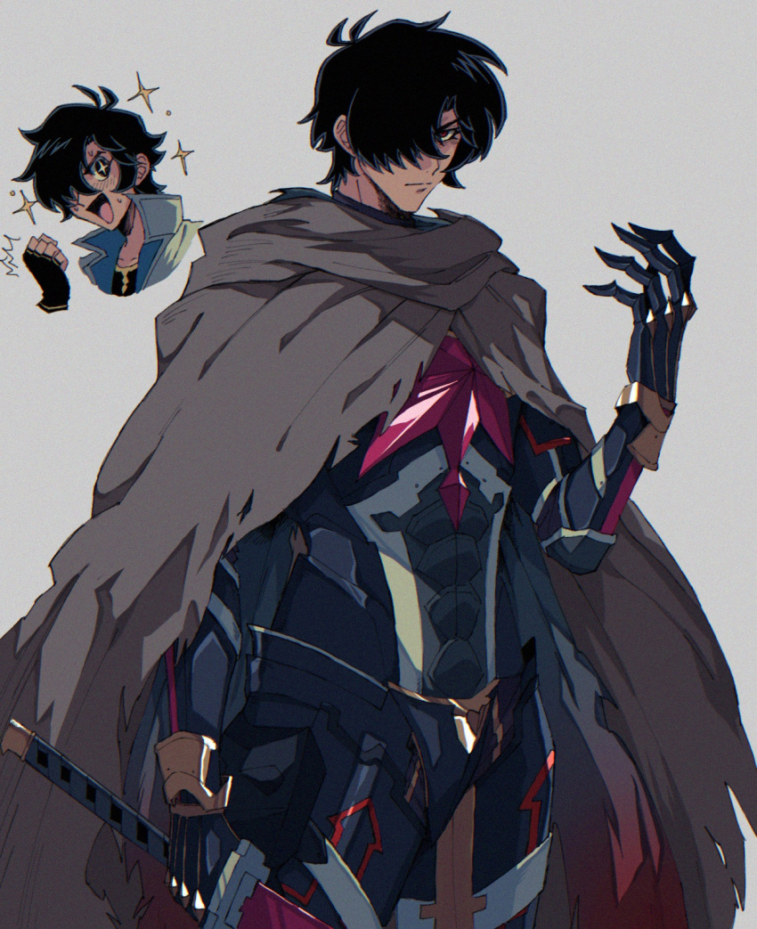 +_+ 1boy armor black_hair breastplate brown_cloak clenched_hand cloak closed_mouth cowboy_shot gauntlets granblue_fantasy grey_background hand_up highres holding holding_sword holding_weapon kuruto. leg_armor looking_at_viewer male_focus multiple_views nicholas_(granblue_fantasy) red_eyes short_hair sidelocks simple_background sparkle standing sword weapon