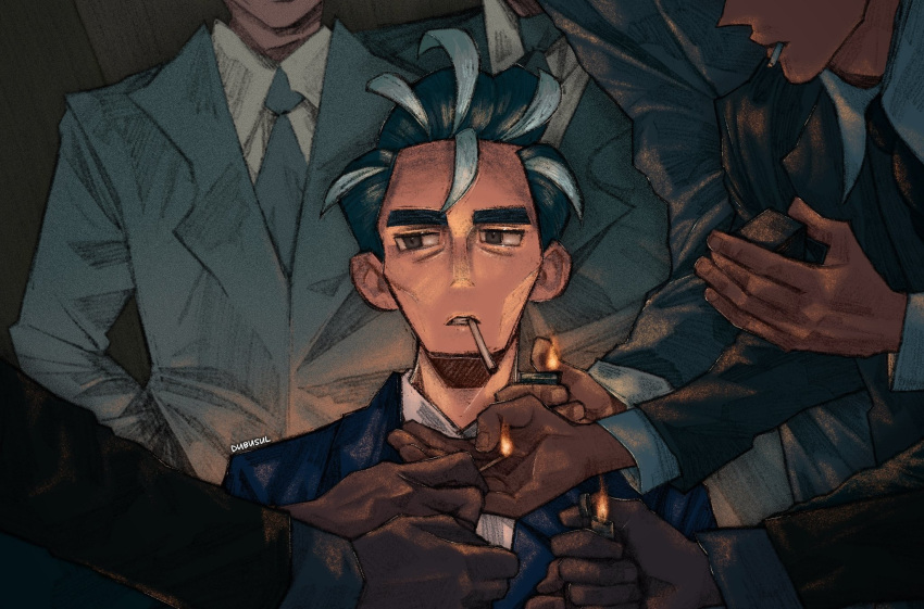6+boys black_hair collared_shirt dubusul fire flame formal highres holding holding_lighter jacket larry_(pokemon) lighter lighting_cigarette mature_male multicolored_hair multiple_boys necktie pokemon pokemon_(game) pokemon_sv shirt short_hair smoking streaked_hair suit thick_eyebrows