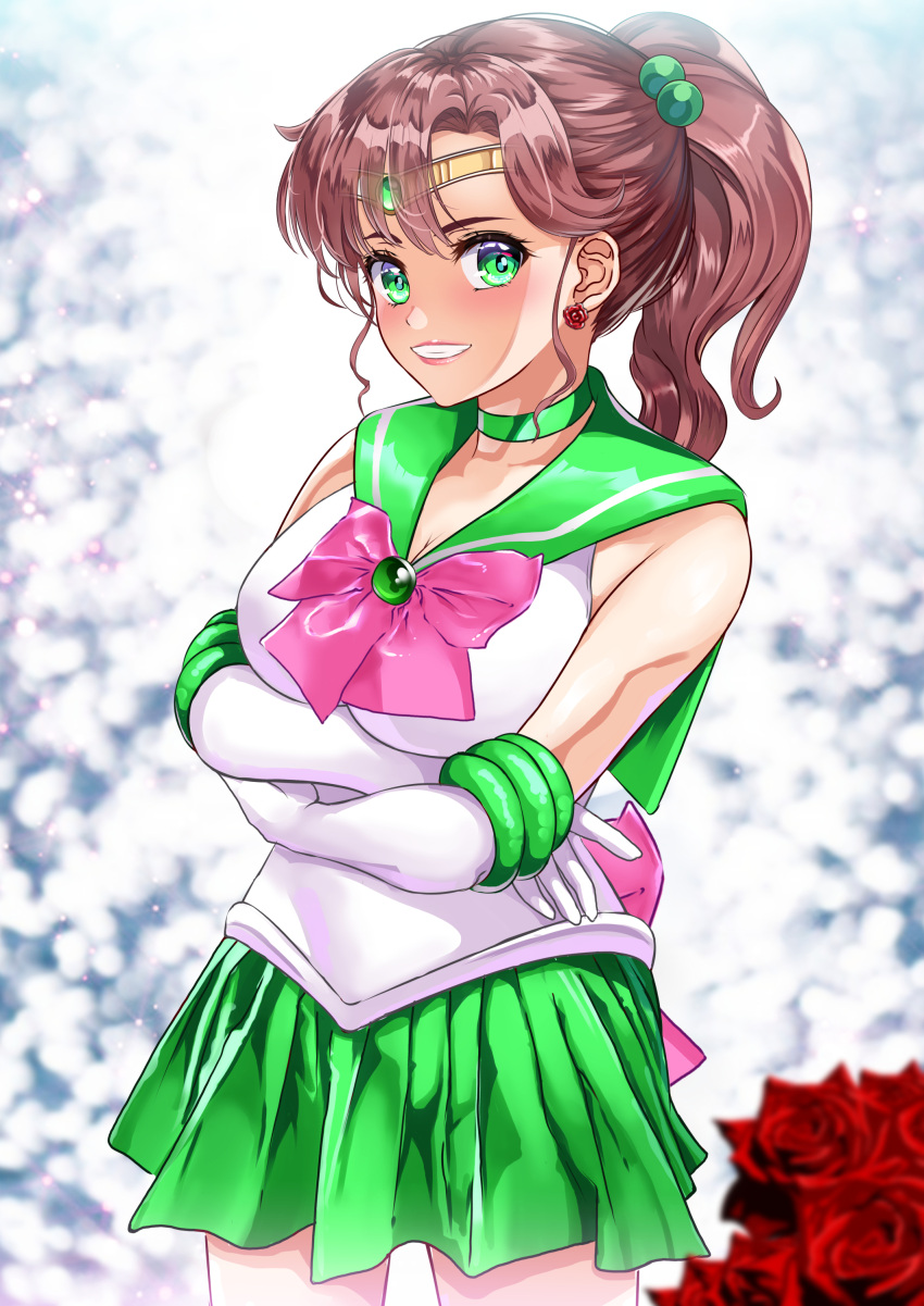 1girl absurdres arion_canvas back_bow bangs bishoujo_senshi_sailor_moon bow bowtie brooch brown_hair circlet crossed_arms earrings elbow_gloves flower flower_earrings gem gloves green_eyes green_gemstone green_sailor_collar green_skirt hair_bobbles hair_ornament highres jewelry kino_makoto lips medium_hair miniskirt pink_bow pink_bowtie pleated_skirt ponytail rose sailor_collar sailor_jupiter shirt short_sleeves sidelocks skirt smile solo white_gloves white_shirt