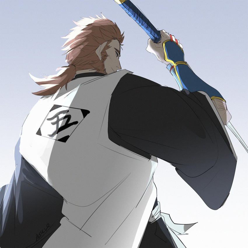 1boy armguards asure_(asure_twi) bleach bleach:_the_thousand-year_blood_war brown_hair highres holding holding_sword holding_weapon japanese_clothes long_sideburns male_focus mature_male obana_danjirou ponytail sideburns sword weapon