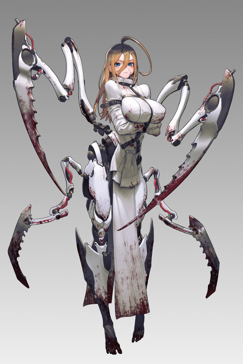 1girl absurdres ahoge blood blood_on_clothes blood_on_face blood_on_weapon blue_eyes bound bound_arms breasts cyborg extra_arms full_body hair_between_eyes highres huge_ahoge huge_breasts long_hair looking_at_viewer lovefix mechanical_arms mechanical_legs orange_hair original pelvic_curtain solo standing straitjacket weapon