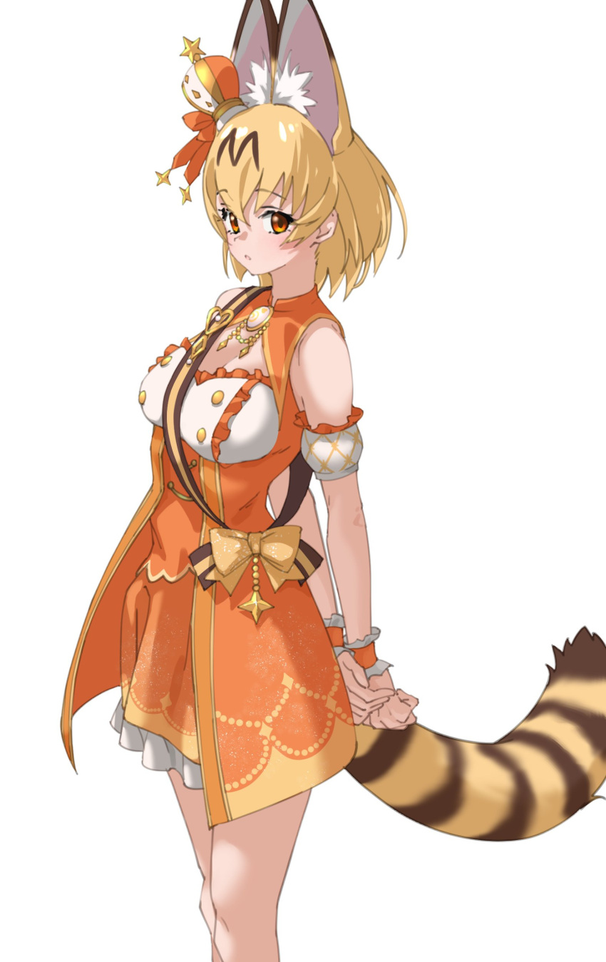 1girl absurdres alternate_costume animal_ear_fluff animal_ears arms_behind_back bangs bare_shoulders blonde_hair breasts buttons commentary detached_sleeves double-breasted extra_ears hair_between_eyes highres kemono_friends medium_breasts orange_eyes puffy_detached_sleeves puffy_sleeves serval_(kemono_friends) short_hair simple_background solo tail tanabe_(fueisei) white_background wrist_cuffs