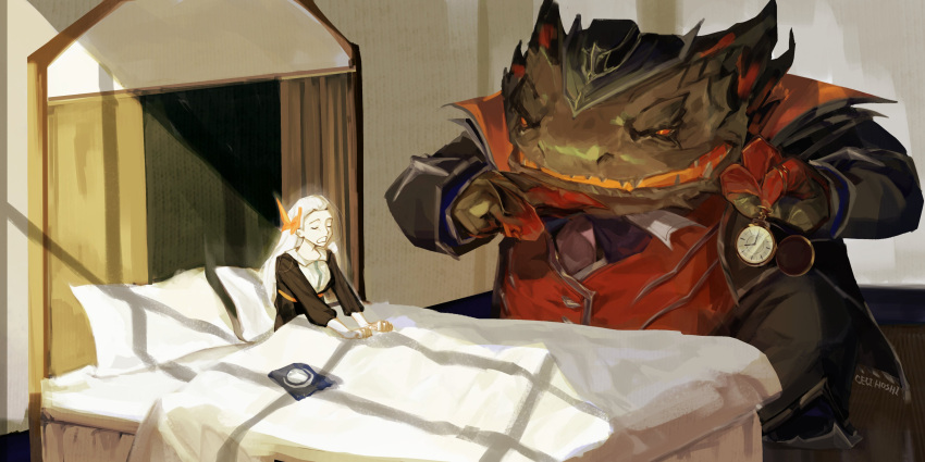 1boy 1girl absurdres artist_name bed black_headwear black_jacket black_pants blanket cecihoshi closed_eyes colored_sclera creature hair_ornament high_noon_leona high_noon_tahm_kench highres holding holding_pocket_watch indoors jacket league_of_legends leona_(league_of_legends) long_hair long_sleeves open_mouth orange_sclera pants pillow pocket_watch red_eyes red_vest shoes sitting tahm_kench vest watch yawning