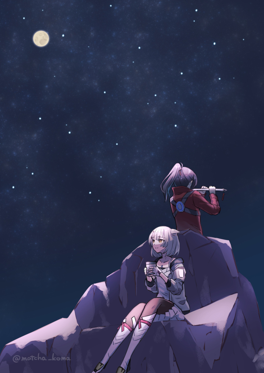 1boy 1girl animal_ears black_hair black_pantyhose commentary_request cup dress facing_away full_moon grey_hair grey_jacket hands_up highres holding holding_cup jacket looking_away mio_(xenoblade) moon night night_sky noah_(xenoblade) open_clothes open_jacket orange_eyes outdoors pantyhose ponytail red_jacket sitting sky star_(sky) starry_sky twitter_username white_dress xenoblade_chronicles_(series) xenoblade_chronicles_3 yanagimachi