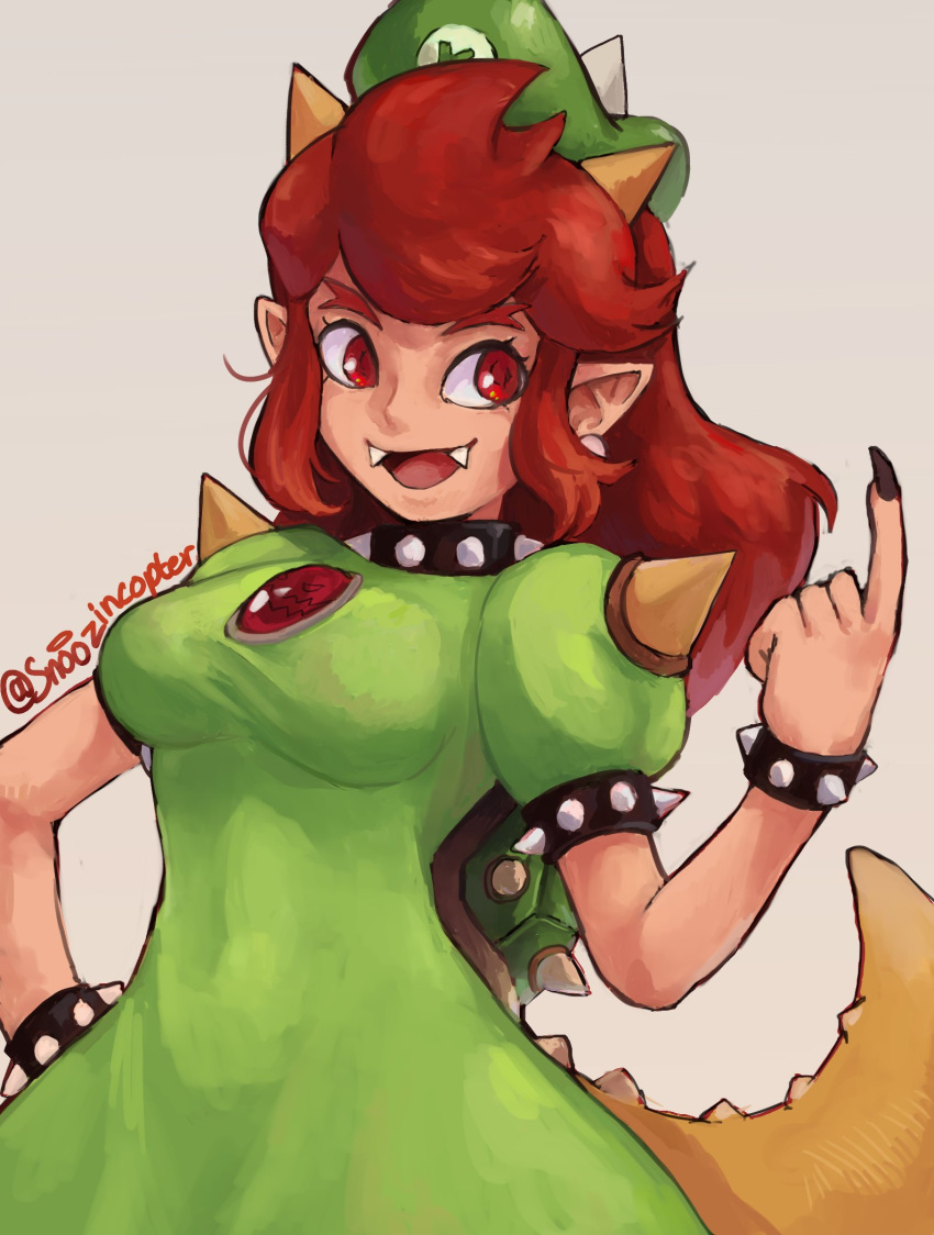 1girl artist_name bowser_peach bracelet breasts dress fangs green_dress green_headwear hat highres horns jewelry medium_breasts pointy_ears prototype red_eyes redhead shoulder_spikes snoozincopter solo spiked_bracelet spikes super_mario_bros. super_mario_odyssey tail