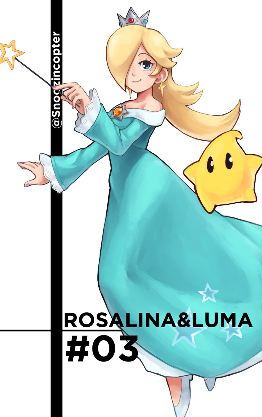 1girl 1other blonde_hair blue_dress blue_eyes character_name cross cross_earrings crown dress earrings highres jewelry long_dress long_sleeves luma_(mario) off-shoulder_dress off_shoulder rosalina smile snoozincopter star_(symbol) super_mario_bros. super_mario_galaxy wand