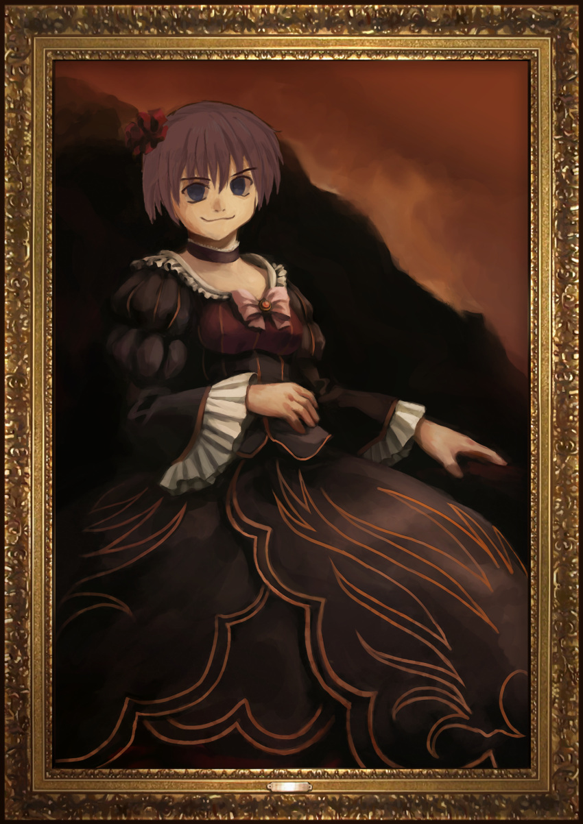 1boy absurdres beatrice_(umineko) beatrice_(umineko)_(cosplay) black_dress blue_eyes bow brown_hair cosplay crossdressing dress faux_traditional_media flower frills hair_flower hair_ornament highres higurashi_no_naku_koro_ni long_sleeves maebara_keiichi painting_(medium) portrait puffy_sleeves ribon996 short_hair traditional_media umineko_no_naku_koro_ni