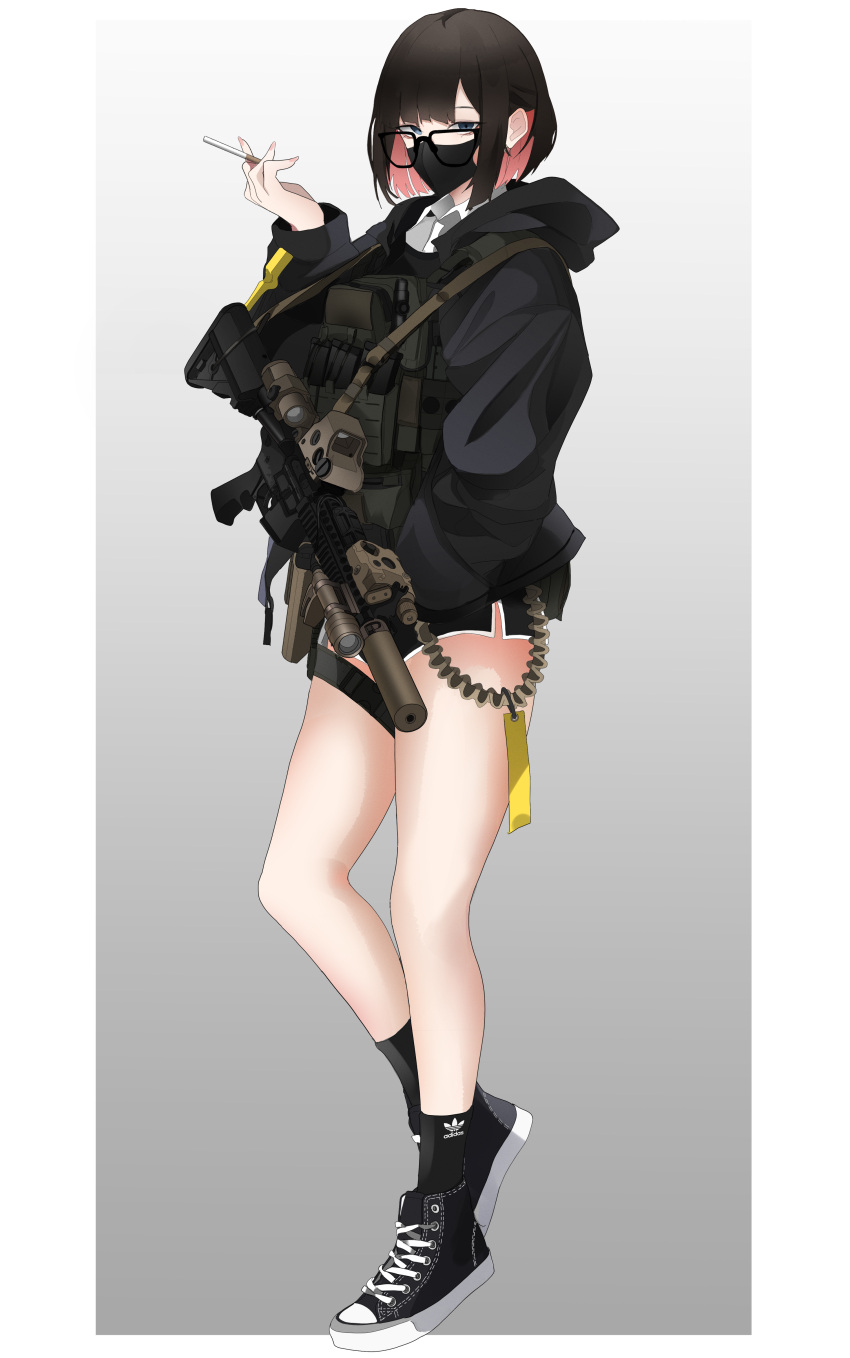 1girl absurdres adidas assault_rifle bangs blue_eyes body_armor brown_hair cigarette eotech flashlight glasses gun highres holding holding_cigarette holding_weapon hood hoodie laser_sight legs m4_carbine mask mouth_mask original pz-15 rifle shoes short_hair shorts sneakers solo spotting_scope suppressor weapon