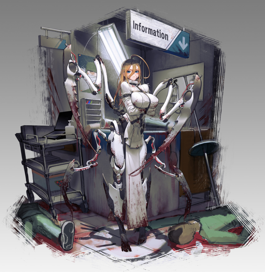 1girl 2boys absurdres ahoge blood blood_on_clothes blood_on_face blood_on_weapon blue_eyes bound bound_arms breasts corpse cyborg death desk extra_arms full_body hair_between_eyes highres hospital hospital_gown huge_ahoge huge_breasts long_hair looking_at_viewer lovefix mechanical_arms mechanical_legs multiple_boys orange_hair original pelvic_curtain standing straitjacket weapon