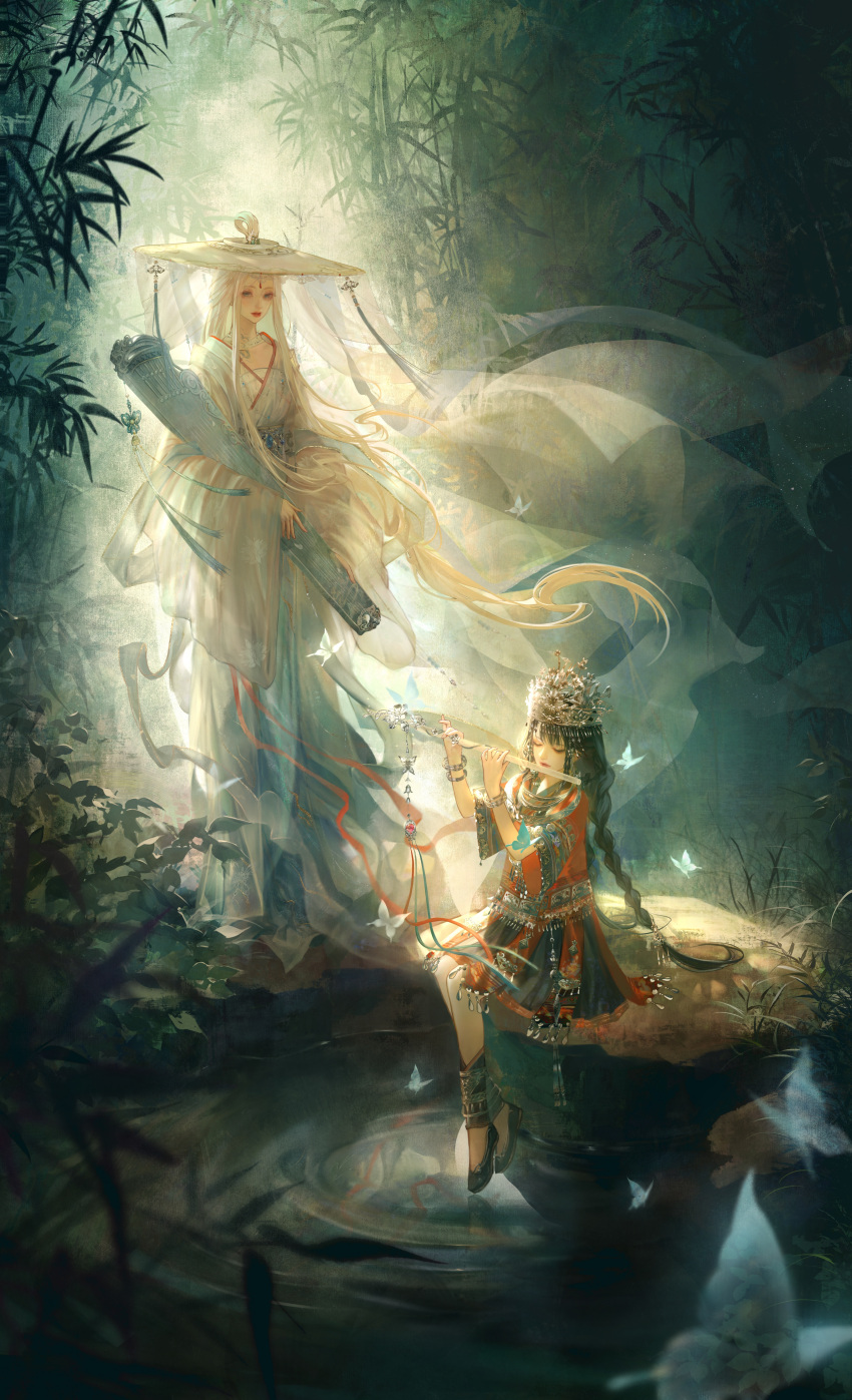 2girls absurdres bamboo bamboo_forest black_hair chinese_clothes forest hanfu hat highres impasto instrument jiaopiupiu long_hair long_sleeves miao_clothes miao_dress miao_hat multiple_girls music nature playing_flute playing_instrument shining_nikki weimao white_hair zither