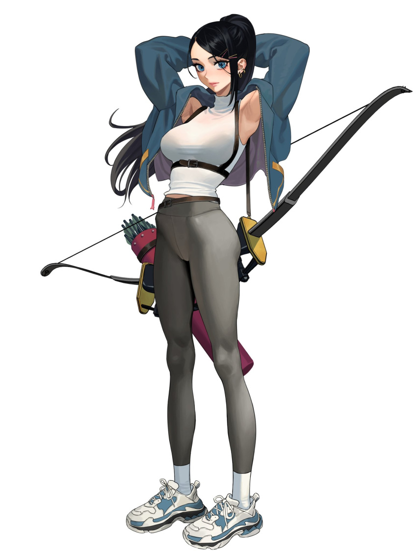 1girl arms_behind_head arrow_(projectile) black_hair blue_eyes bow_(weapon) bra_visible_through_clothes earrings hair_ornament hairpin highres hongcasso jacket jewelry looking_at_viewer original pants ponytail quiver shoes smile sneakers solo tank_top tight tight_pants turtleneck weapon white_background