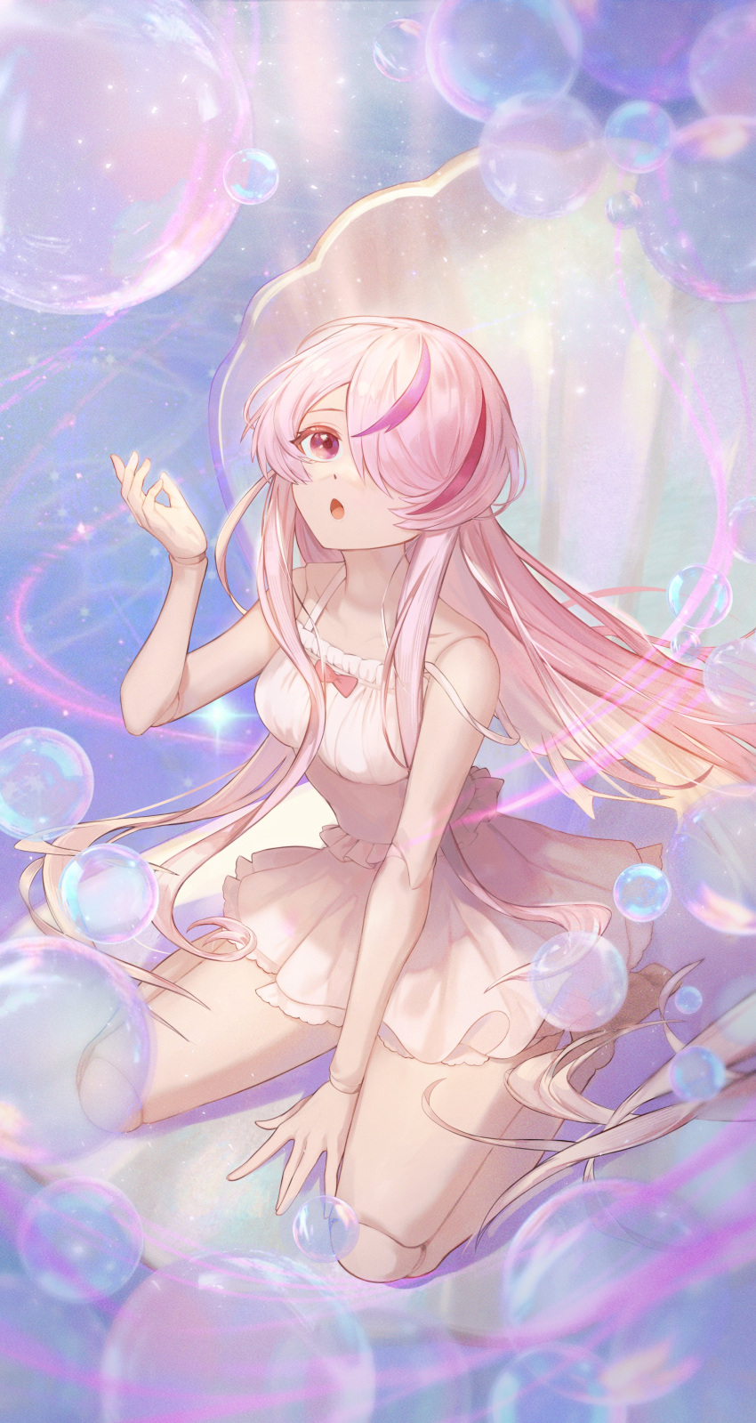 1girl absurdres bare_legs barefoot between_legs bubble doll_joints dress english_commentary full_body hair_over_one_eye hand_between_legs hand_up highres joints light_particles light_rays long_hair looking_up maria_marionette multicolored_hair nijisanji nijisanji_en open_mouth pink_dress pink_eyes pink_hair sidelocks sitting sleeveless sleeveless_dress solo sshaka22 strap_slip streaked_hair virtual_youtuber wariza white_dress