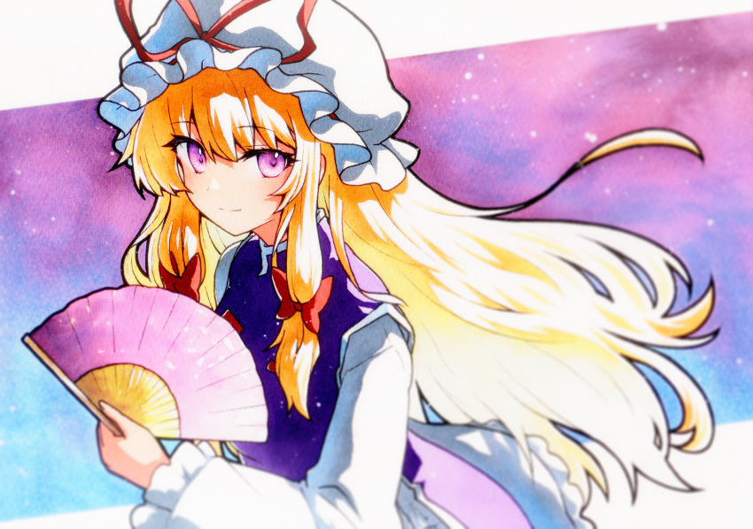 1girl blonde_hair blurry blush closed_mouth dress folding_fan frilled_sleeves frills hand_fan hat hat_ribbon highres holding holding_fan long_hair long_sleeves mob_cap qqqrinkappp red_ribbon ribbon smile solo tabard touhou traditional_media upper_body violet_eyes white_dress white_headwear yakumo_yukari you're_doing_it_wrong