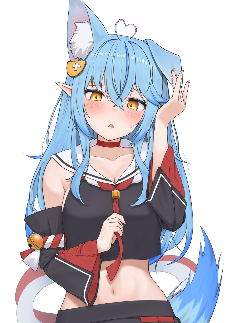 1girl absurdres ahoge animal_ears bell blue_hair blush breasts choker cosplay detached_sleeves heart heart_ahoge highres hololive large_breasts long_hair micon midriff navel ookami_mio ookami_mio_(cosplay) pointy_ears red_choker tail virtual_youtuber white_background wolf_ears wolf_tail yellow_eyes yukihana_lamy