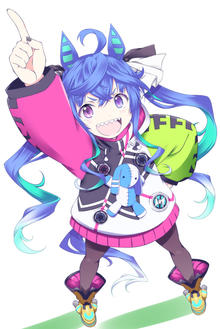 1girl :d absurdres ahoge animal_ears aqua_hair arm_up black_bodysuit blue_eyes blue_hair bodysuit boots clothes_writing commentary drawstring ear_covers full_body gradient_hair hair_ribbon hand_on_hip heterochromia highres hood hood_down hooded_coat horse_ears horse_girl horse_tail index_finger_raised iwami_kyuuto long_hair looking_at_viewer messy_hair multicolored_coat multicolored_hair open_mouth ribbon sharp_teeth sidelocks simple_background smile solo standing stuffed_animal stuffed_bunny stuffed_toy tail teeth twin_turbo_(umamusume) twintails umamusume violet_eyes white_background white_ribbon yellow_footwear