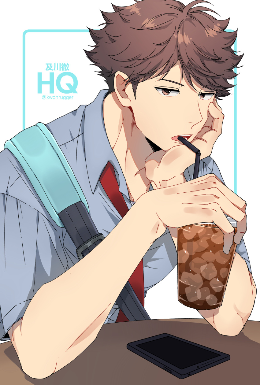 1boy absurdres brown_eyes brown_hair cellphone cup disposable_cup drink drinking_straw haikyuu!! head_rest highres holding holding_cup ice kwonrugger looking_at_viewer male_focus oikawa_tooru_(haikyuu!!) open_mouth phone shirt short_sleeves smartphone solo table teeth upper_body upper_teeth