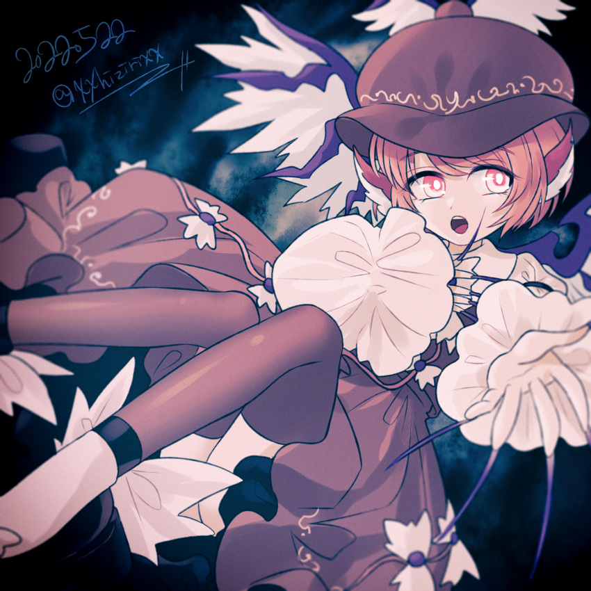 1girl animal_ears bird_ears bird_wings brown_dress brown_headwear brown_thighhighs dated dress fingernails hair_between_eyes hat highres hijiri_(xxhizirixx) long_fingernails long_sleeves mob_cap mystia_lorelei nail_polish one-hour_drawing_challenge open_mouth pink_eyes pink_hair purple_nails short_hair solo thigh-highs touhou twitter_username very_long_fingernails white_wings wings