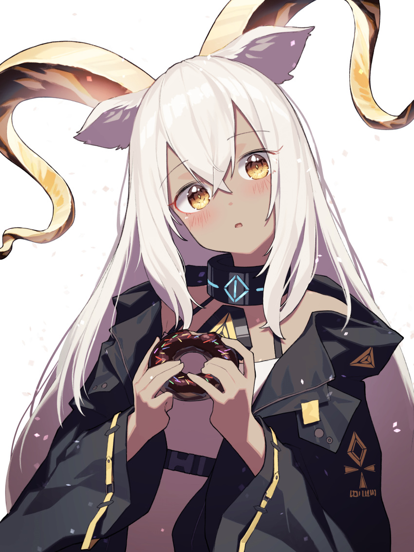 1girl absurdres animal_ears arknights bare_shoulders beeswax_(arknights) beudelb black_collar black_jacket collar dark-skinned_female dark_skin doughnut food goat_ears goat_girl goat_horns highres holding holding_food horns infection_monitor_(arknights) jacket long_hair open_clothes open_jacket parted_lips shirt simple_background solo upper_body white_background white_hair white_shirt yellow_eyes