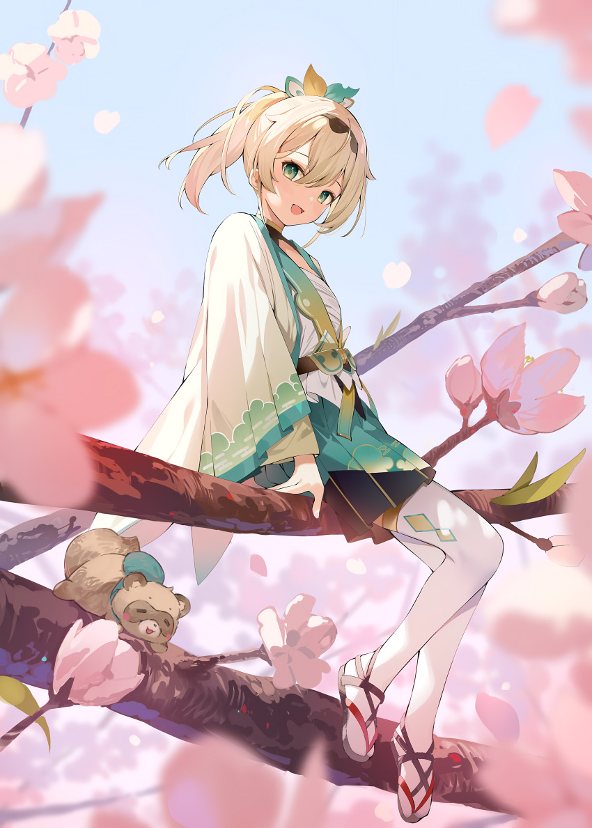 1girl absurdres arm_support bangs belt blonde_hair blue_sky branch day flat_chest flower full_body gradient gradient_clothes green_eyes hair_ornament hana_mori highres hololive japanese_clothes kazama_iroha kimono long_hair long_sleeves looking_at_viewer open_mouth outdoors petals pokobee ponytail sandals sarashi scan simple_background sitting skirt sky smile thighs virtual_youtuber wide_sleeves