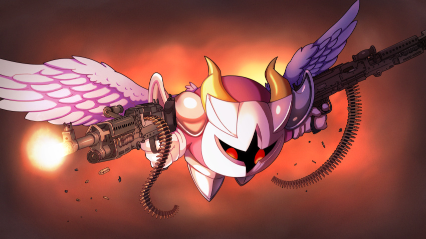 absurdres ammunition_belt angel_wings armor firing flying galacta_knight gloves gun highres horns kirby_(series) m240 machine_gun mask no_humans red_eyes shell_casing shibulio shoulder_armor weapon white_gloves wings