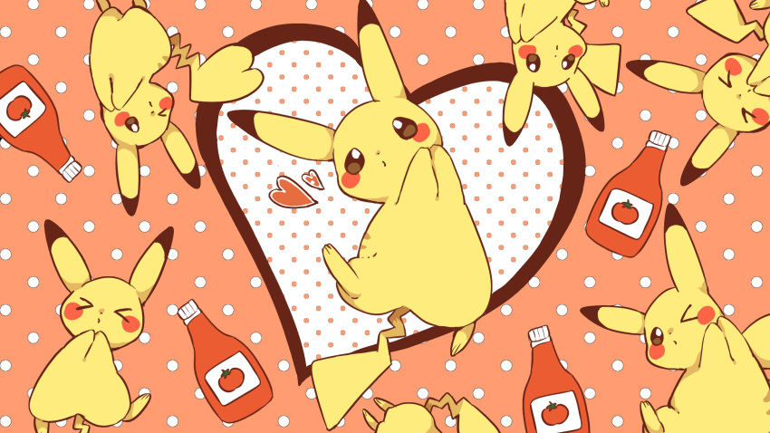 &gt;_&lt; &gt;_o blush_stickers brown_eyes chiko_(chi_p_71) closed_eyes closed_mouth commentary_request heart highres ketchup_bottle no_humans one_eye_closed orange_background pikachu pokemon pokemon_(creature) polka_dot polka_dot_background