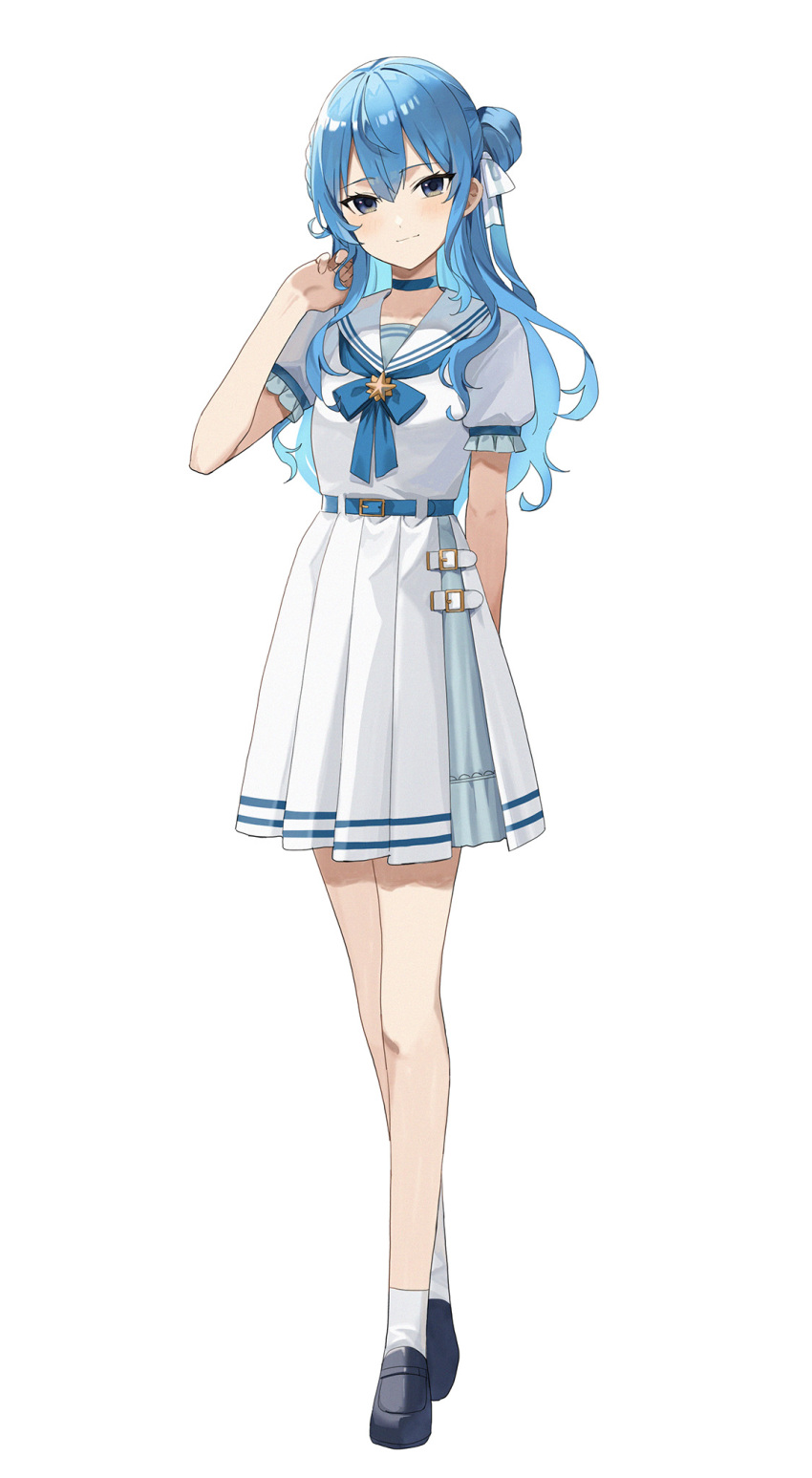 1girl black_footwear blue_bow blue_choker blue_hair bow choker closed_mouth commentary_request dress full_body grey_eyes hair_bun hand_up highres hololive hoshimachi_suisei loafers long_hair looking_at_viewer pleated_dress puffy_short_sleeves puffy_sleeves sailor_collar sailor_dress shoes short_sleeves simple_background single_side_bun smile socks solo standing very_long_hair virtual_youtuber white_background white_dress white_sailor_collar white_socks yuzu-aki