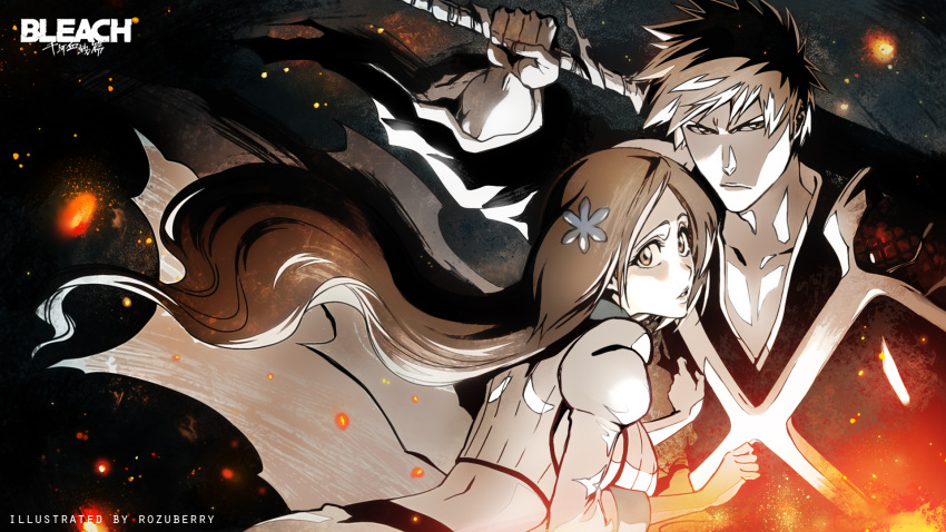 1boy 1girl bangs black_kimono bleach bleach:_the_thousand-year_blood_war breasts collarbone crop_top hair_ornament hairpin hand_up highres holding holding_sword holding_weapon inoue_orihime japanese_clothes kimono kurosaki_ichigo large_breasts long_hair long_sleeves looking_at_viewer orange_eyes orange_hair parted_bangs parted_lips rozuberry serious short_hair spiky_hair sword upper_body very_long_hair weapon