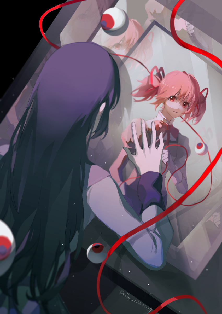 2girls absurdres akemi_homura bangs bow bowtie cmiao collared_jacket dated dutch_angle eyeball facing_another facing_away floating floating_object hair_ribbon hand_on_glass highres holding holding_ribbon jacket juliet_sleeves kaname_madoka long_hair long_sleeves looking_at_another mahou_shoujo_madoka_magica mitakihara_school_uniform multiple_girls parted_lips picture_(object) pink_hair puffy_sleeves purple_hair red_bow red_bowtie red_eyes red_ribbon ribbon school_uniform short_hair short_twintails signature straight_hair string string_of_fate twintails upper_body white_jacket yellow_jacket